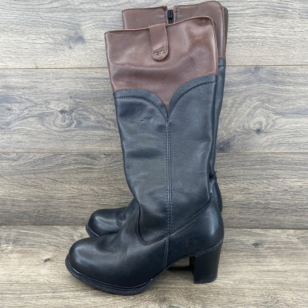 Martino Knee High Leather Boots Womens 6W Black Brown Two Tone Block Heel Zip